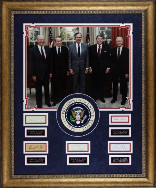 The Five Presidents Impressive Custom Framed Autograph Display (JSA)