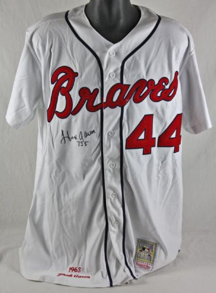 Hank Aaron Signed Mitchell & Ness 1963 Braves Throwback Model Jersey w/"755" Insc. (PSA/DNA)
