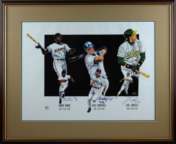 40/40 Club Signed & Framed Commemorative Print w/Bonds, A-Rod & Canseco (Steiner)