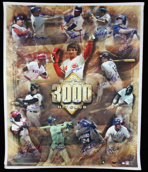 3,000 Hit Club Signed Special Issue Poster w/13 Sigs Inc. Mays, Musial, Rose, etc. (Mays Holo)(PSA/DNA Pre-Certified)