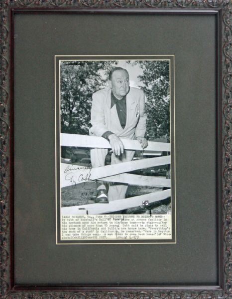 Ty Cobb Signed & Dated Vintage Press Photograph in Custom Framed Display