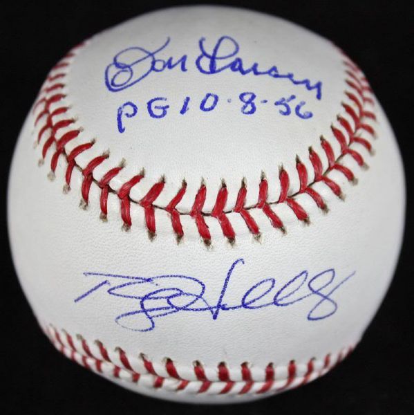 Post Season Aces: Roy Halladay & Don Larsen Rare Dual Signed OML Baseball (PSA/DNA)