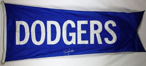 Vin Scully Signed LA Dodgers Team Flag that Flew at Wrigley Field!