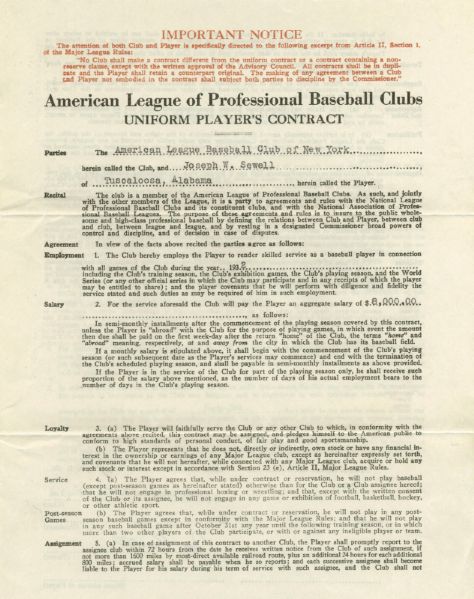 Joe Sewell Signed 1932 NY Yankees Players Contract (Record Setting Season) (JSA) 