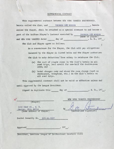 Thurman Munsons Personal Copy of his 1975 Yankees Supplemental Contract Signed by George Steinbrenner! (Munson Estate, JSA LOA)