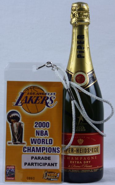 2000 LA Lakers Championship Memorabilia Lot w/Locker Room Champagne Bottle & Victory Parade Pass