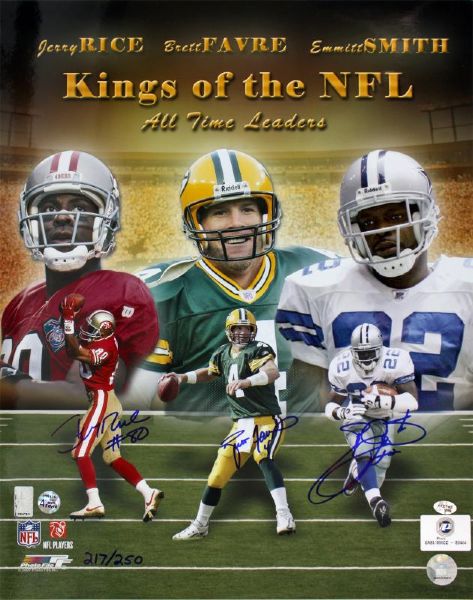 Kings of the NFL: Favre, Emmitt & Rice Signed 16" x 20" Ltd Ed Photo (Prova, Favre, Rice Holos)