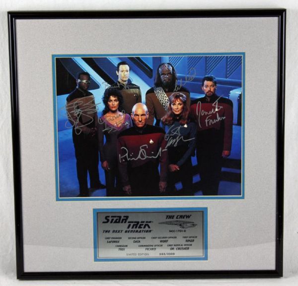 Star Trek Next Generation Rare Ltd Ed Cast Signed 8" x 10" Photo Display (7 Sigs) (PSA Pre-Certified)