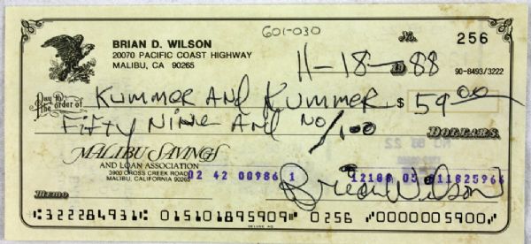 Beach Boys: Brian Wilson RARE Handwritten & Signed Personal Bank Check (PSA Pre-Certified)