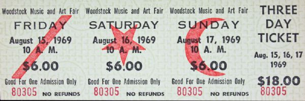 Woodstock: Desirable Original 3-Day Ticket (Aug. 15-17, 1969) 