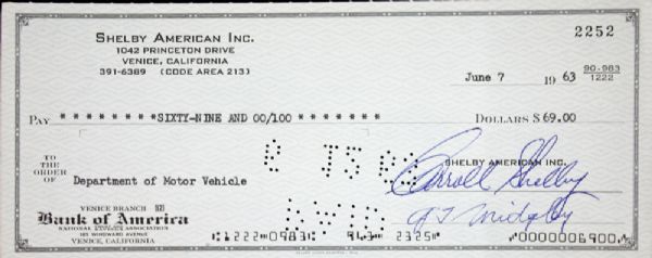 Carroll Shelby (Mustang) Rare Signed Business Bank Check (JSA)
