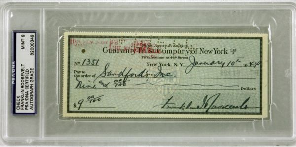 President Franklin D. Roosevelt Signed Bank Check as President PSA Graded MINT 9 