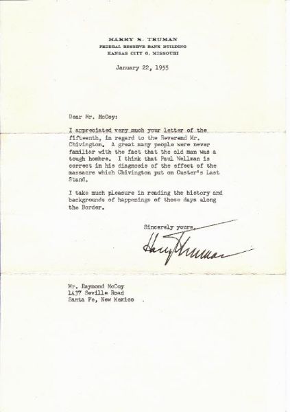 Harry Truman Signed Typed Personal Letter w/Custers Last Stand Content (JSA)
