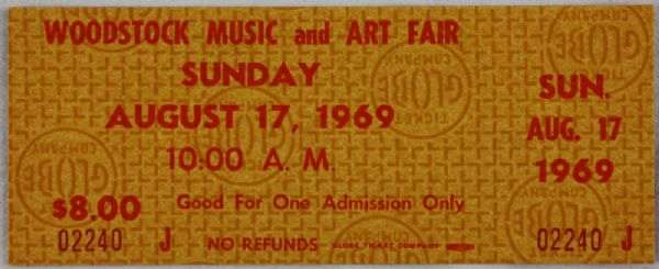 Woodstock: Original One-Day Unused Concert Ticket (Sunday, 8/17/69)