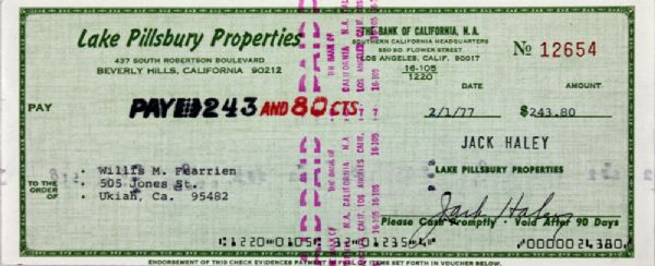 Wizard of Oz: Jack Haley (Tin Man) Signed Business Bank Check c.1971