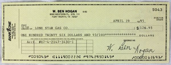 Ben Hogan Signed Personal Bank Check