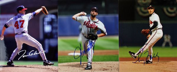 Braves Aces: Glavine, Smoltz & Maddux Signed 8" x 10" Color Photo Lot (3)