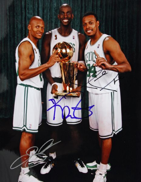 Celtics "Big 3" Signed 11" x 14" Color Photo w/KG, Pierce & Allen