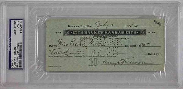 President Harry S. Truman Signed Bank Check (PSA Encapsulated)