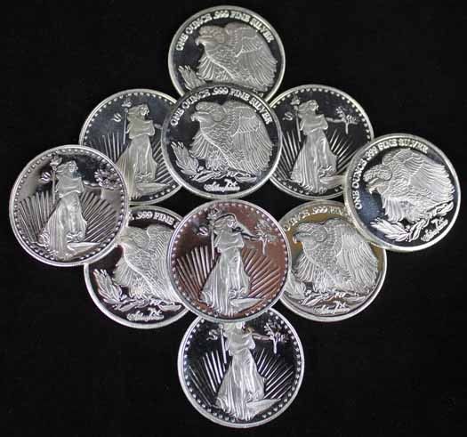 Lot of Ten (10) 1-Ounce Silver St. Gaudens Commemorative Coins