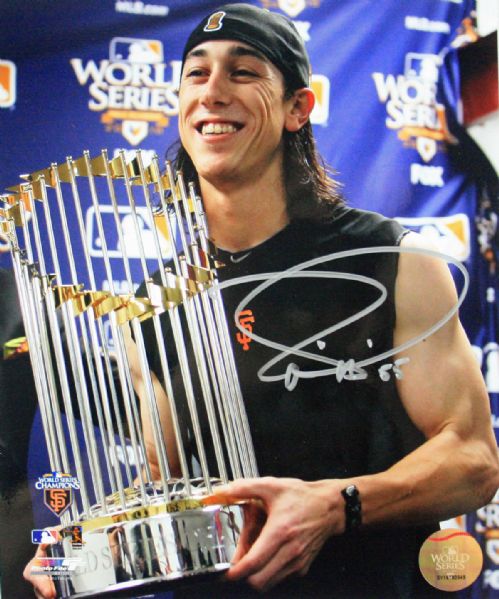 Tim Lincecum Signed 8" x 10" Color Photo with World Series Trophy