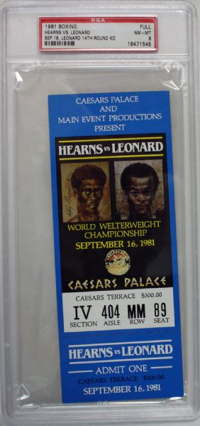 Sugar Ray Leonard vs. Thomas Hearns  Original Unused Fight Ticket - 4/16/81 - Leonard 14th Rd. KO (PSA NM-MT 8)