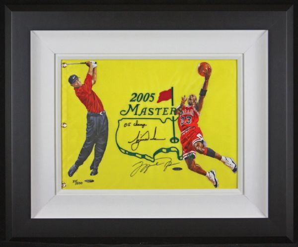 Michael Jordan & Tiger Woods One-of-A-Kind Dual Signed Masters Flag w/Hand Painted Portraits (UDA)