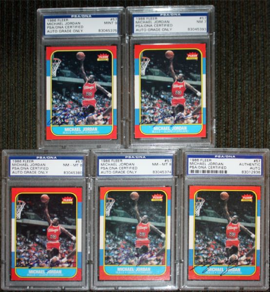 Michael Jordan AMAZING Lot of Five (5) Signed 1986-87 Fleer Rookie Cards - All PSA/DNA Encapsulated - Includes Grades of Mint 9, (2) NM-MT 8 & NM 7!
