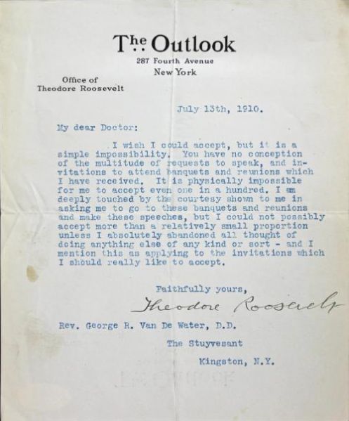 President Theodore Roosevelt Signed Letter on Outlook Letterhead (c.1910)(PSA/DNA)