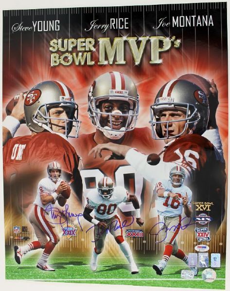 Super Bowl MVPs Signed 16" x 20" Color Photo w/Montana, Rice & Young (PSA/DNA & Player Holos)