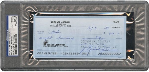 Michael Jordan Rare Double Signed Personal Bank Check (PSA/DNA Encapsulated)