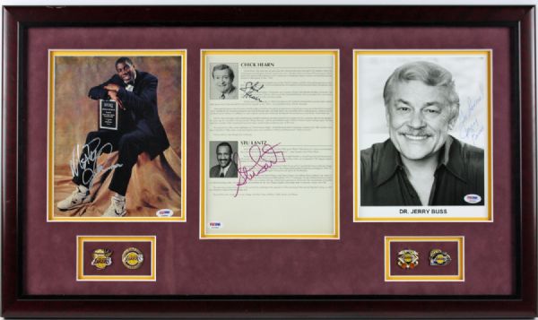 Laker Greats Custom Framed Autograph Display with Magic, Jerry Buss, Chick Hearn & Stu Lantz (PSA/DNA)