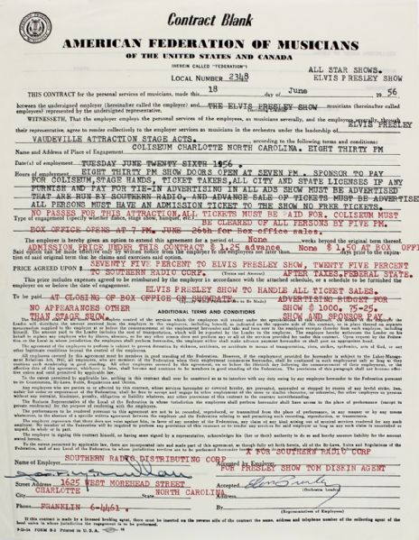 Elvis Presley Incredible Signed Concert Agreement - June 26, 1956 at Charlotte Coliseum in Charlotts, NC - With Original Gross Receipt Report and Original Show Ticket! (PSA/DNA)