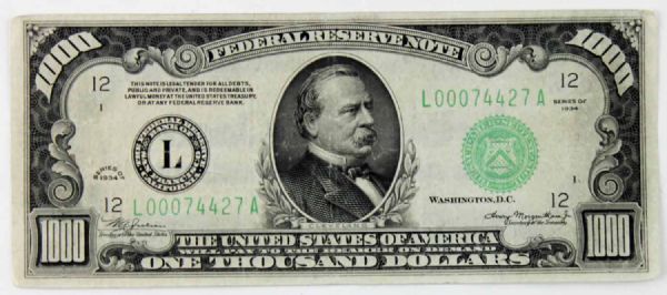 1934 $1,000 Bill (San Francisco, Very Fine)