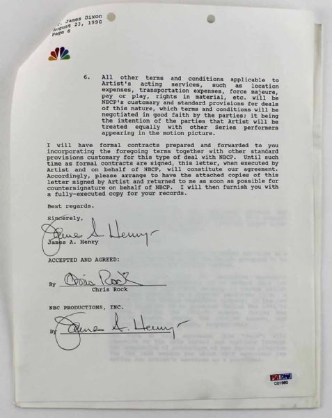 Chris Rock Signed Contract for 1990-91 Season of Saturday Night Live (1990)(PSA/DNA)