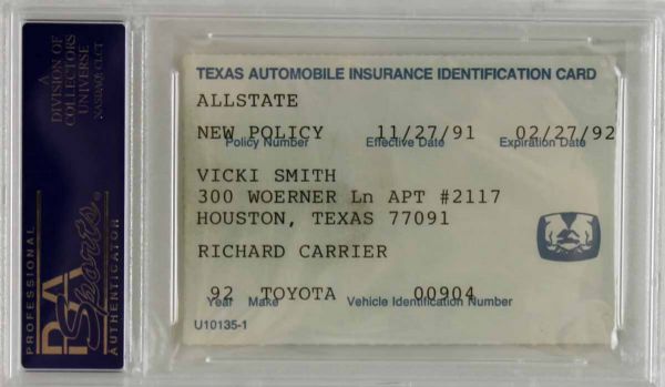 Anna Nicole Smith Personally Signed & Used Auto Insurance Card w/"Vickie Smith" Signature (PSA/DNA Encapsulated)