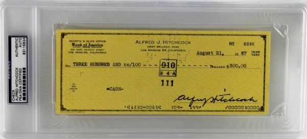 Alfred Hitchcock Rare Signed Personal Bank Check (1967)(PSA/DNA Encapsulated)