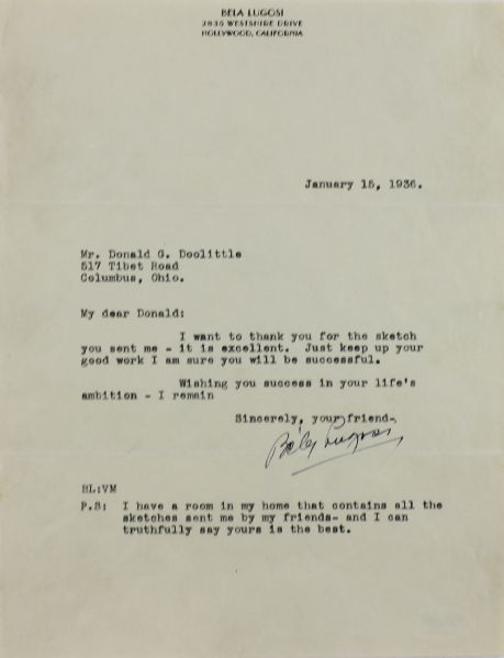 Bela Lugosi Signed Typed Letter on Personal Letterhead (1936)(PSA/DNA)
