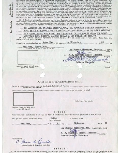 Roberto Clemente Signed 1965-66 Puerto Rican League Baseball Contract (PSA/DNA)