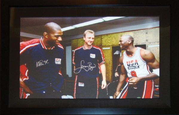 Michael Jordan, Magic Johnson & Larry Bird Large & Impressive Signed 32" x 25.5" Canvas Print in Framed Display (UDA, PSA/DNA & Schwartz Sports)