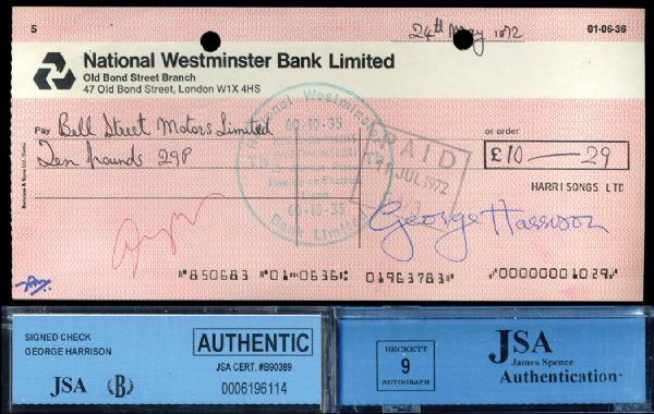 The Beatles: George Harrison Signed 1972 Business Check – JSA Encapsulated & Graded Mint 9!