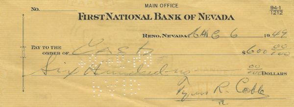 Ty Cobb Handwritten & Signed Bank Check (1/06/49)(PSA/DNA)