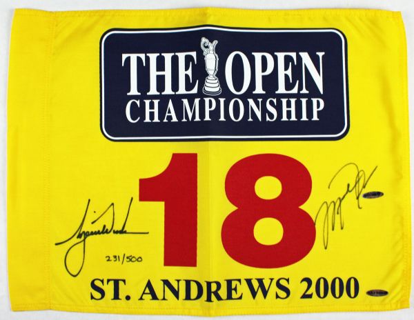 Tiger Woods & Michael Jordan Rare Dual Signed 2000 St. Andrews British Open Pin Flag (UDA)