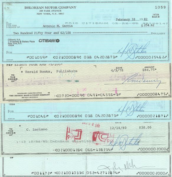 John DeLorean Signed DeLorean Motor Co Bank Check w/4 Assorted DeLoreon Motors Checks (PSA/DNA)