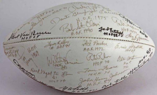 NFL HOF Legends Signed Football with 28 Sigs Inc. Tittle, Sayers, Motley, etc. (PSA/DNA)