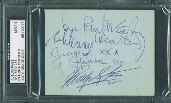 The Beatles: Group Signed 3.5" x 4.5" Album Page Graded MINT 9 (PSA/DNA Encapsulated)