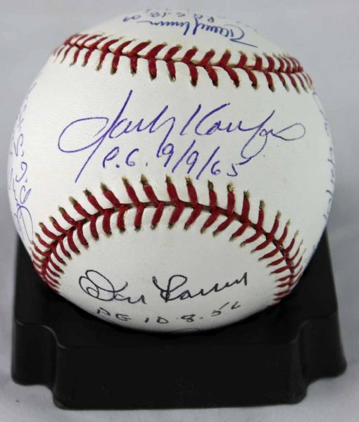 Perfect Game Legends: MINT Signed & Inscribed OML Baseball w/ 11 Perfect Game Pitches, Koufax, Larson, Cone Ect (PSA/DNA Guaranteed & Online Authentics)