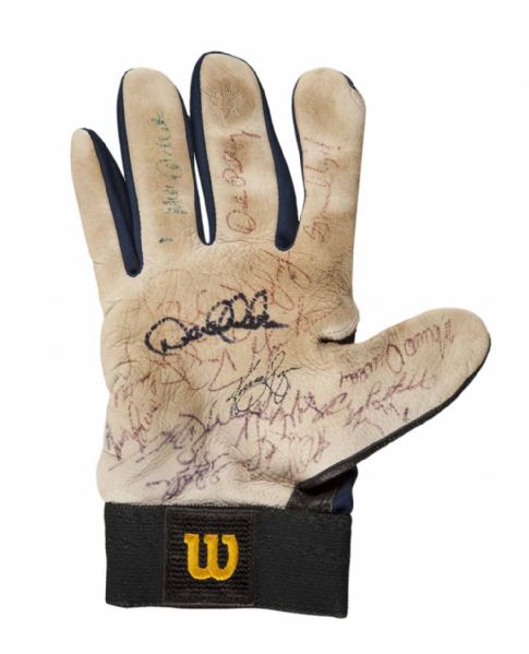 Jeters First Ring: 1996 Scarce Team-Signed Batting Glove w/ Jeter, Rivera, Oneil & Others (PSA/DNA)