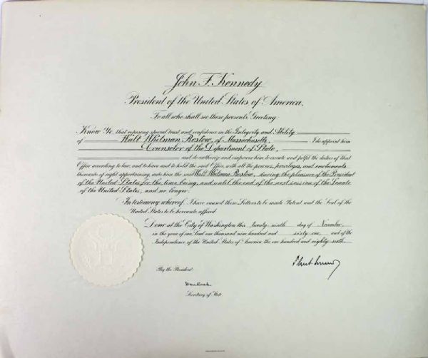President John F. Kennedy Signed 1961 Presidential Appointment w/ Superb Autograph! (PSA/DNA Guaranteed)