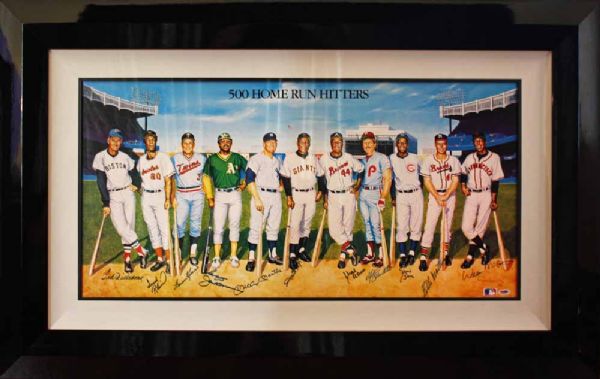500 Home Run Club Signed& Framed 35" x 24" Ron Lewis Poster w/Mantle, Williams, Mays, Aaron, etc. (11 Sigs)(PSA/DNA)